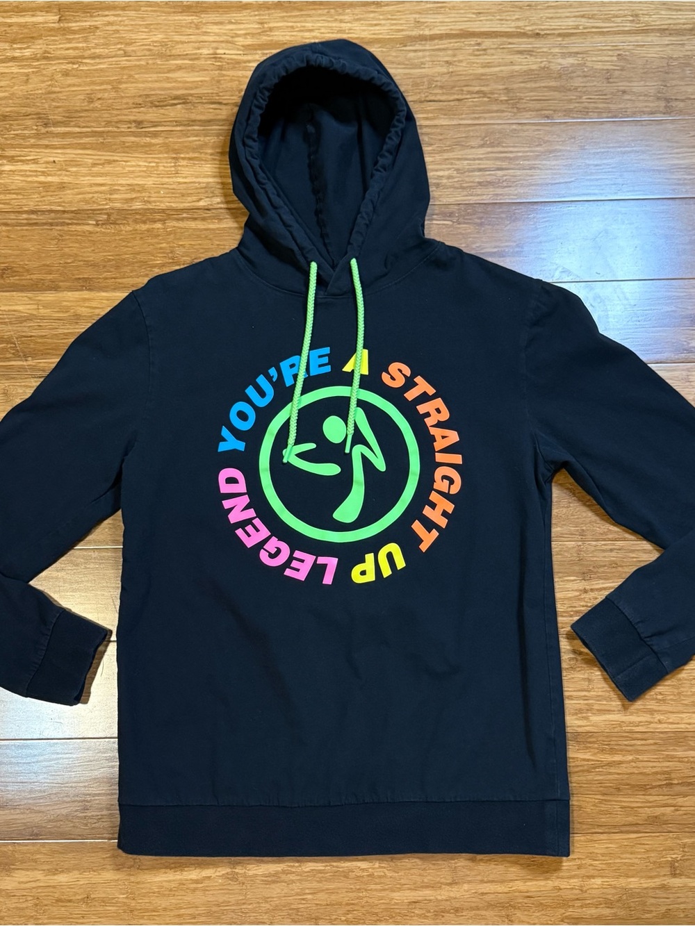 Zumba Fitness Black Hoodie Neon Multicolor Graphic “You’re A Straight Up Legend”